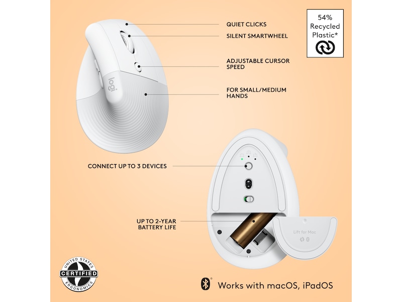 Logitech Lift for Mac Vertikal Trådløs Mus (off-white) Ergonomiske