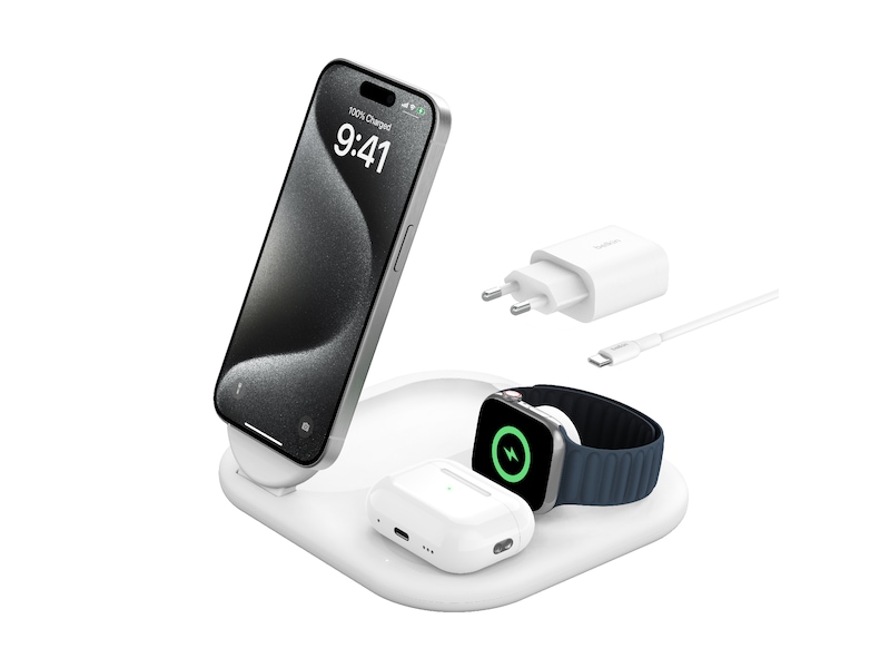 Belkin 3-i-1 Qi2 trådløs oplader (hvid) Trådløs oplader