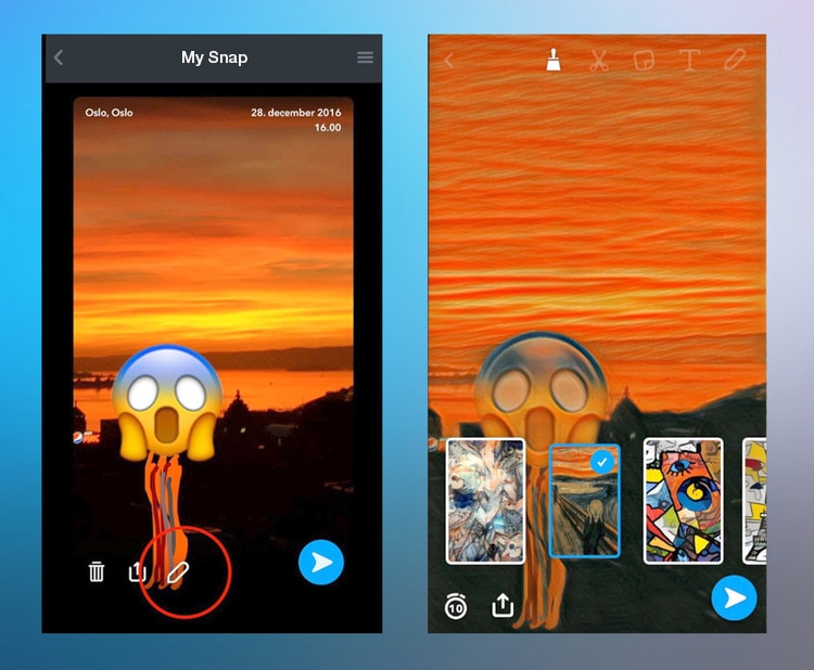 Med "malerbørsten" kan du tilføje malerieffekter på billederne i Snapchat