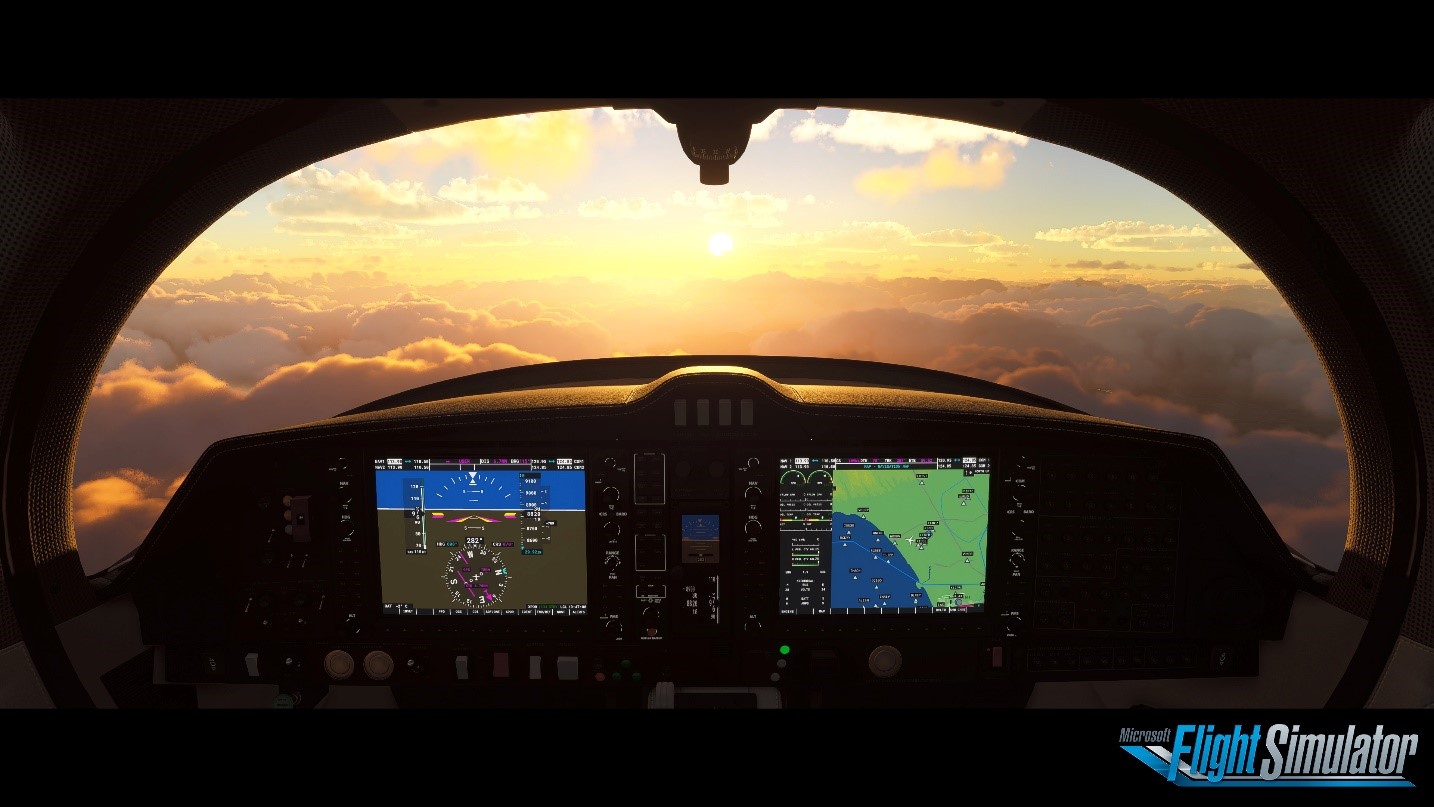 Solopgang fra cockpittet i Microsoft Flight Simulator 2020